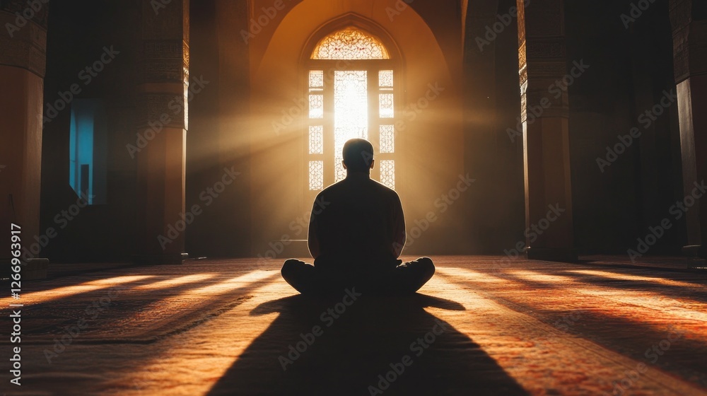 Aufkleber A Muslim man sits cross-legged in meditation, facing a beautifully illuminated window in a mosque. Rays of sunlight filter through, creating a peaceful atmosphere for reflection and devotion