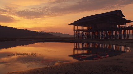 Sunrise over a stilt house reflecting on a calm pond
