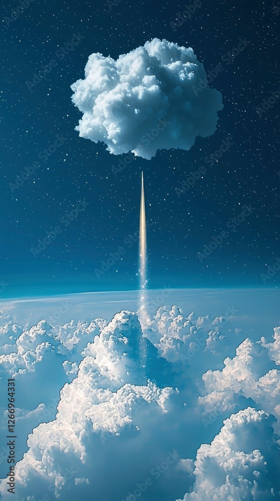 Wall mural rocket launch through clouds reaching for a single cloud in the sky