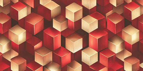 Obraz premium Red and Gold 3D Cubes Pattern – Perfect for Modern, Abstract & Luxury Designs, branding, abstract backgrounds, and futuristic aesthetics.