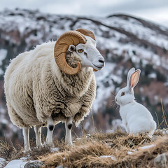 A white ram with curved horns stands near a fluffy white rabbit on a mountain meadow.