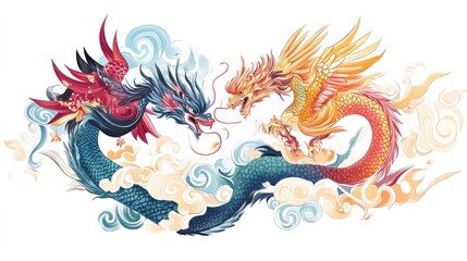 Two dragons facing, intertwining amid clouds, stylized art, good for illustrations or designs