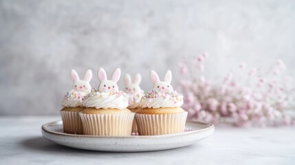 Cute Easter cupcakes with bunny ears and chick faces on a vintage plate showcasing delightful spring treats