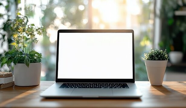 Laptop on Wooden Desk with Blurred Cafe Background and Soft Bokeh Light