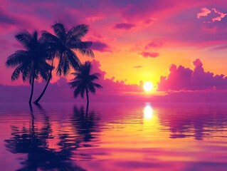 Fiery Orange and Purple Sunset with Silhouetted Palm Trees Reflecting Over a Tranquil Tropical Lagoon, Creating a Serene and Dreamy Beach Paradise Scene