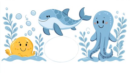 Obraz premium Playful ocean friends swim joyfully in soft blue light. AI Generated
