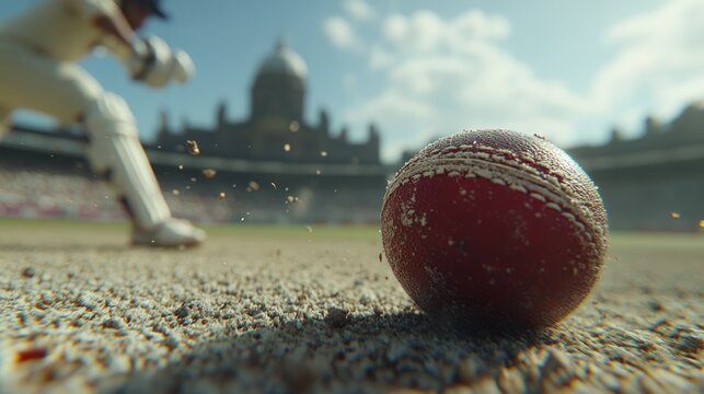 Close up of a cricket ball on the field, player in action and crowd at stadium