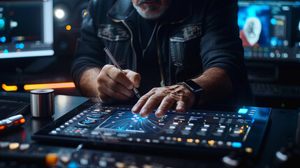 Senior Designer at Work: A close-up shot of a mature male designer meticulously working on a digital tablet, his hands skillfully navigating a complex interface.