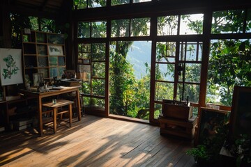 Obraz premium Artist studio with forest view for tranquil artwork and nature inspiration