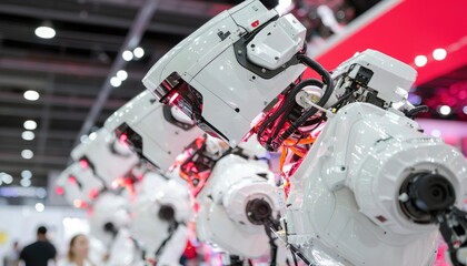 Fototapeta premium Industrial robot arms lined up for automation in factory exhibit display