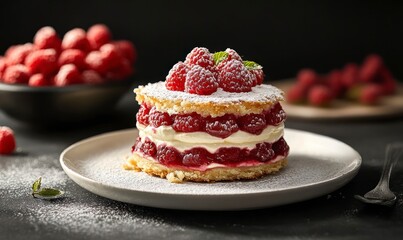 trifle tart with raspberry filling, dusted with confectioner's sugar on a white plate, on a dark background, with a bowl of raspberries in the background