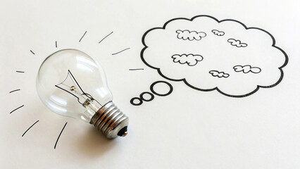 Small thought bubble filled with cloud-like logos is flanked by a light bulb, symbolizing the concept of brainstorming and generating ideas. Composition conveys a sense of creativity and innovation.AI