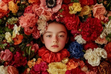 Fototapeta premium Girl Surrounded by Colorful Flowers Lying Down in a Studio for Spring Sale