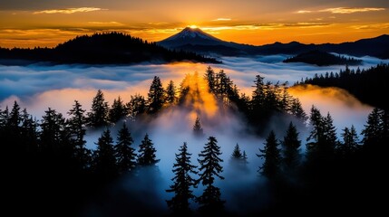 Fototapeta premium Stunning Sunrise Over Misty Forest Landscape with Mountain and Colorful Sky at Dusk