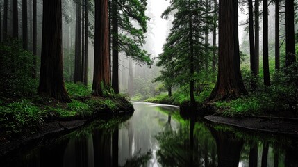 Obraz premium Serene Forest Landscape with Tall Trees and Calm Water Reflection in Mystical Fog
