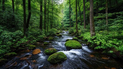 Obraz premium Tranquil Forest Stream Flowing Through Lush Green Landscape Surrounded by Towering Trees