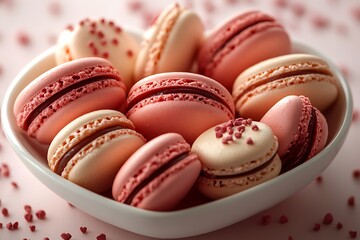 Obraz premium A delightful assortment of pink and white macarons arranged in a bowl, surrounded by scattered sprinkles