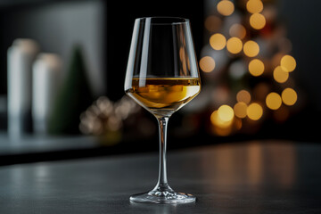 "Glass of White Wine with Christmas Decorations in Background on Dark Gray Table"