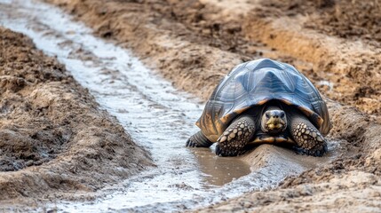 A Tortoise Overcoming Muddy Challenges Along a Serene Waterway