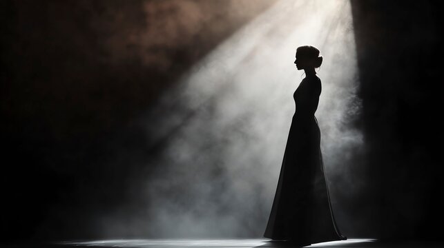 Silhouette of an opera singer on stage with dramatic lighting and chandelier