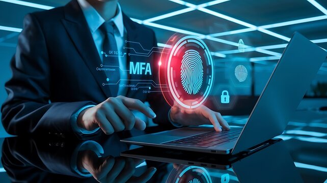 businessman pressing virtual button MFA, multi factor authentication. cloud computing concept, cloud technology, biometric, fingerprint, mfa, 2fa, firewall, encryption, authentication, authorization