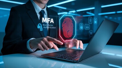 businessman pressing virtual button MFA, multi factor authentication. cloud computing concept, cloud technology, biometric, fingerprint, mfa, 2fa, firewall, encryption, authentication, authorization