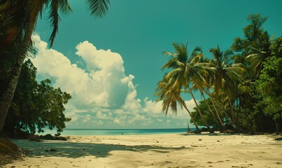 Tropical Beach Paradise Palms frame calm turquoise ocean. Ideal for vacation ads or tranquil backgrounds