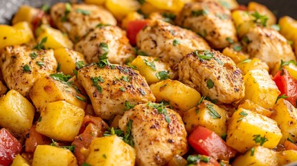 Golden Roasted Chicken and Potatoes Warm Dish. AI Generated