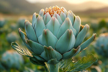 Fototapeta premium A single artichoke bud blossoms in a field at sunset