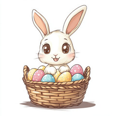 minimalistic cartoon childrens illustration clipart of super cute whimsical baby bunny in wooden wicker basket with easter eggs minimal details kawaii style ultra white isolated background