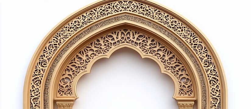 Intricate wooden arch design showcasing elaborate carvings, set against a clean backdrop