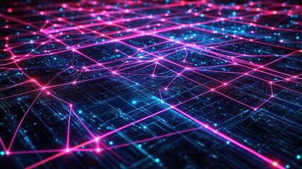 Obraz premium Intricate neon digital network grid with glowing nodes and connections