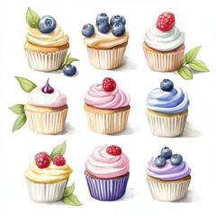 A watercolor illustration of elegant cupcakes with various fillings and colorful frostingand other desserts, decorated with fresh blueberries and leaves on the side, placed against a white background.