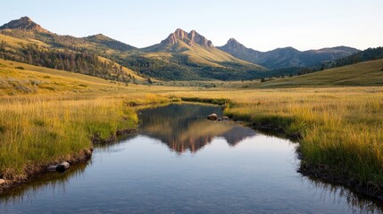 Fototapeta premium Majestic mountain peak reflected in a calm river flowing through a golden grassy valley under a clear sky.