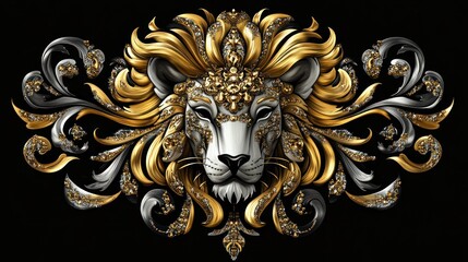 Jeweled lion head with silver and gold ornament, against black background, suitable for decoration