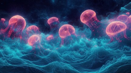 Electric neon jellyfish floating in a surreal underwater digital ocean