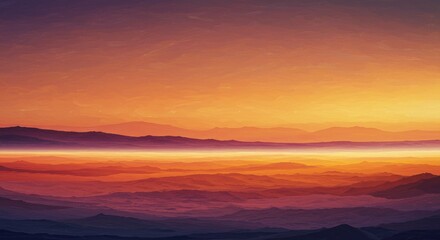 Fototapeta premium Vibrant Sunset Landscape Illustration in Warm Hues Capturing Majestic Mountain Silhouettes and Gradient Skies
