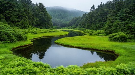 Obraz premium Serene Landscape with Lush Greenery and Tranquil River Curving through the Forest
