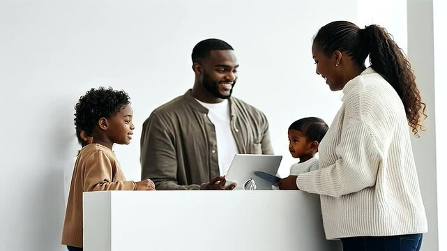 Couple Exploring Adoption Options at Fair with Children