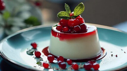 A delightful contemporary Turkish dessert is presented on a sleek plate, showcasing creamy layers topped with vibrant red berries and mint leaves. This culinary masterpiece radiates freshness.