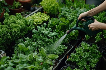 Gardening Hand watering greens growing in pots in a greenhouse