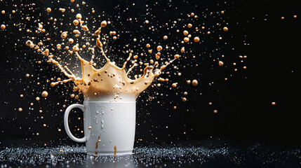 Coffee Splash: An explosion of coffee liquid erupts from a white mug against a dramatic black background, capturing a dynamic moment of energy and caffeine.