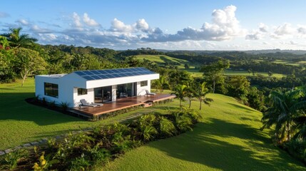 Modern Villa with Solar Powered Roof Surrounded by Lush Green Landscape