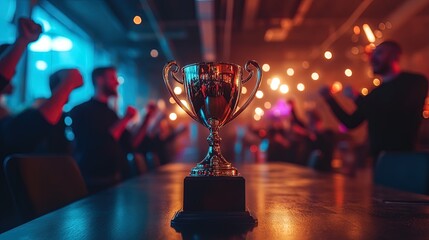 A glowing trophy on a conference table surrounded by a successful team celebrating, energetic and professional 