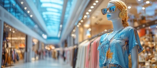 Stylish mannequin wearing sunglasses in a vibrant clothing store with bright displays