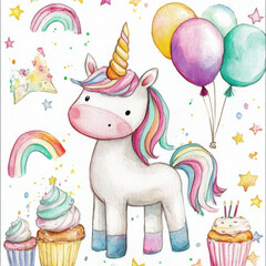 Obraz premium Fun and whimsical clipart set for kidsâ€™ birthday parties featuring adorable unicorns in a variety of playful poses. Each unicorn is illustrated with bright, pastel colors, 