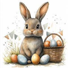 Watercolor Easter Bunny sticker sheet of adorable toys: cute bunny, egg, a basket, festival, flags, more watercolors style, as isolated clipart on white background, 