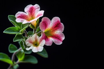 Calibrachoa plant with pink and green leaves against a black background. The red, white, and yellow Calibrachoa illustrates an indoor houseplant, suitable for home or office decor.