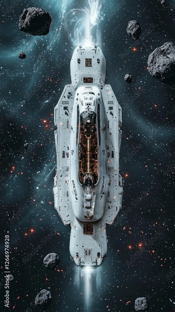 Wall mural majestic spaceship navigating asteroid field in deep space - futuristic sci-fi artwork