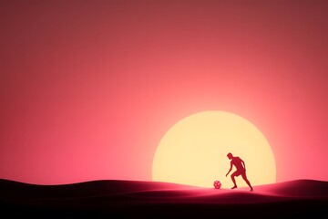 Silhouette of a soccer player kicking a ball against a sunset backdrop in a desert landscape